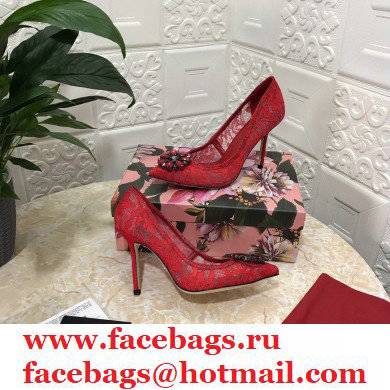 Dolce  &  Gabbana Heel 10.5cm Taormina Lace Pumps Red with Crystals 2021